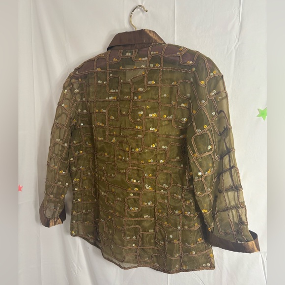 90’s VTG Satin Sequin Semi Sheer Textured Brown Gold Women’s Button Down Size M - Picture 10 of 14
